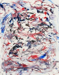 an abstract painting with red, blue, and white paint