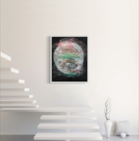 an abstract painting on a wall next to a staircase