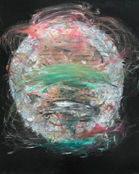 an abstract painting of a sphere with green and pink swirls