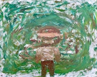 a painting of a man standing in a green field